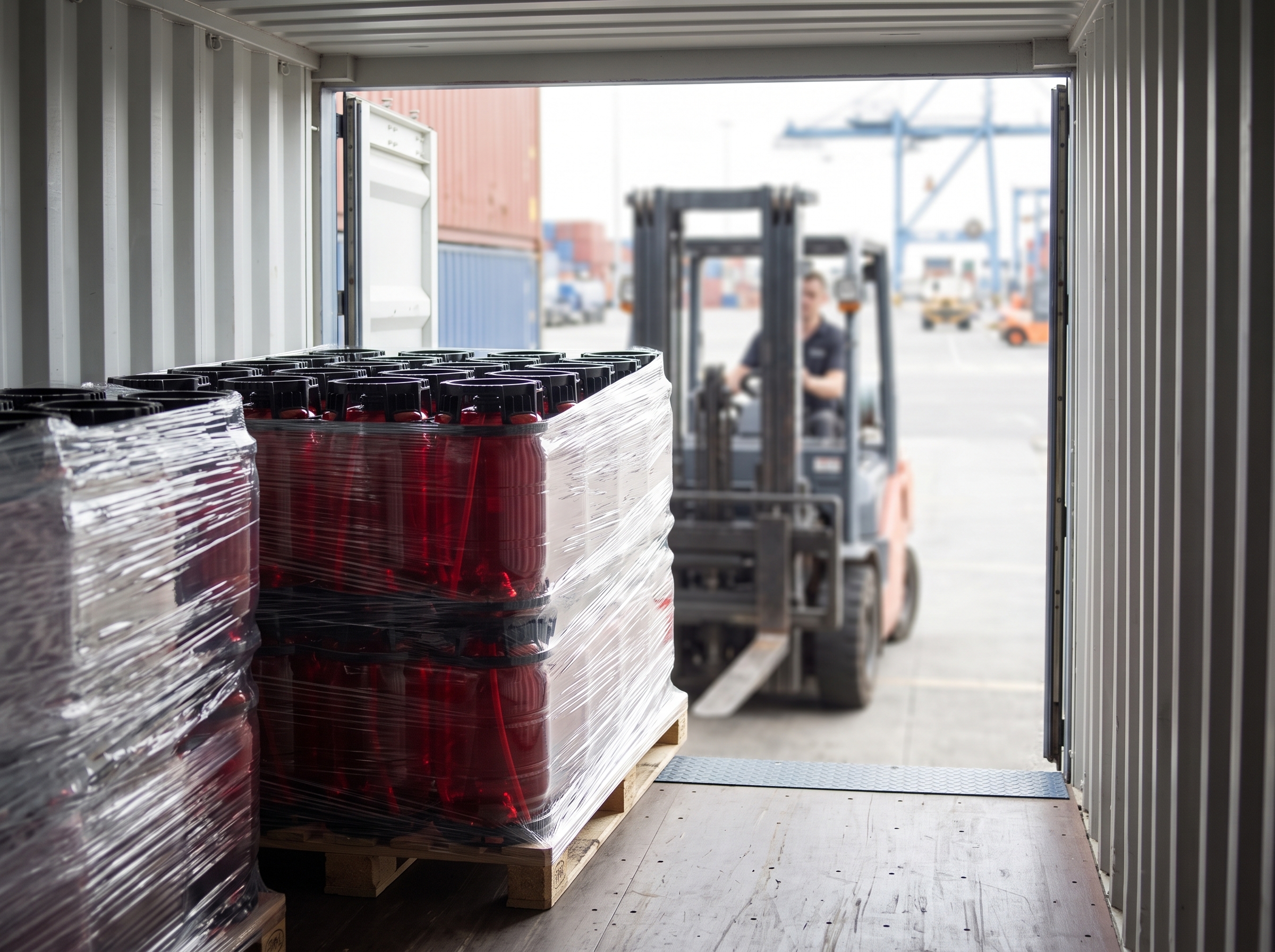 Pallets of one-way kegs loaded into a shipping container