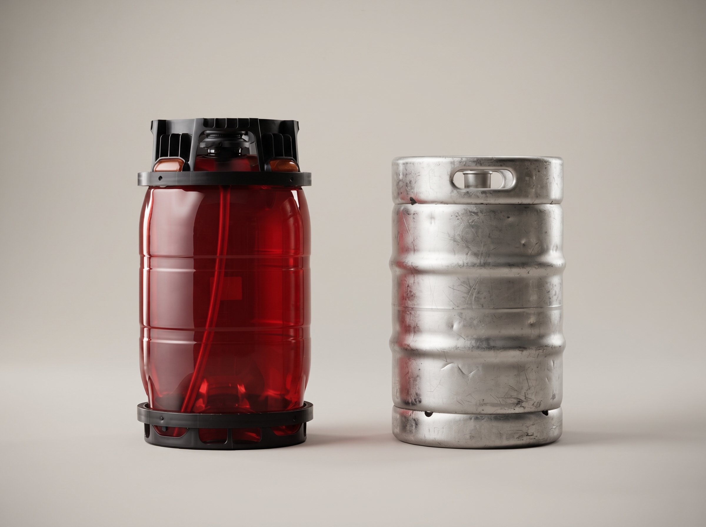 Dolium one-way keg next to a stainless steel keg