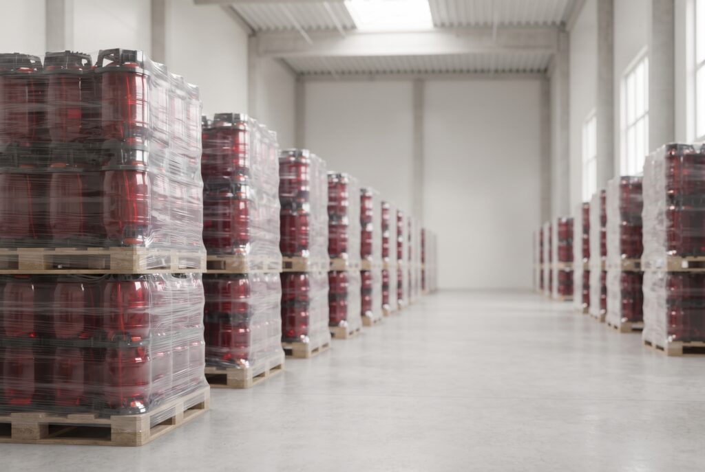 Pallets of Dolium one-way kegs stacked in a warehouse