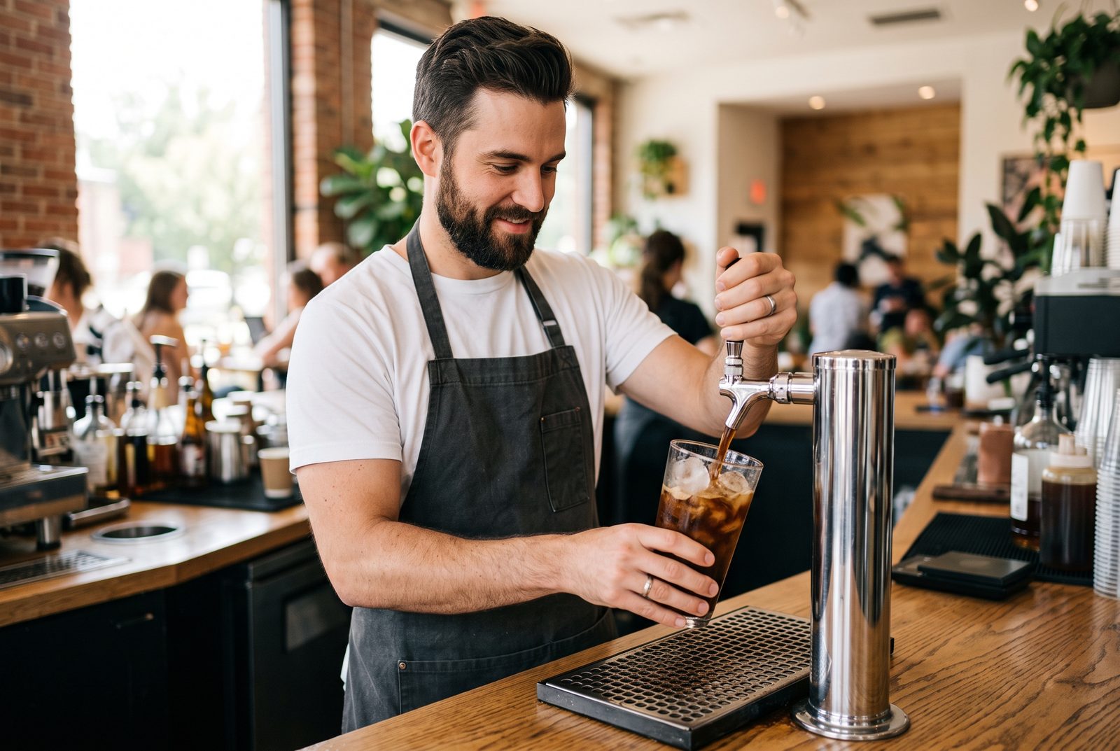 Barista pouring iced cold brew coffee from a draught tap
