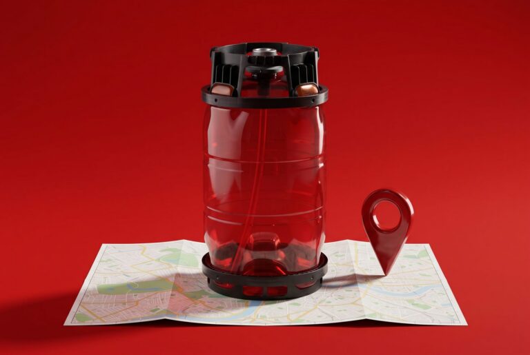 A Dolium one-way keg on a city map next to a red location pin