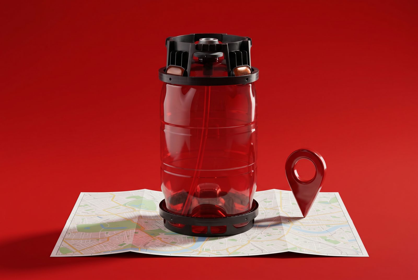 A Dolium one-way keg on a city map next to a red location pin
