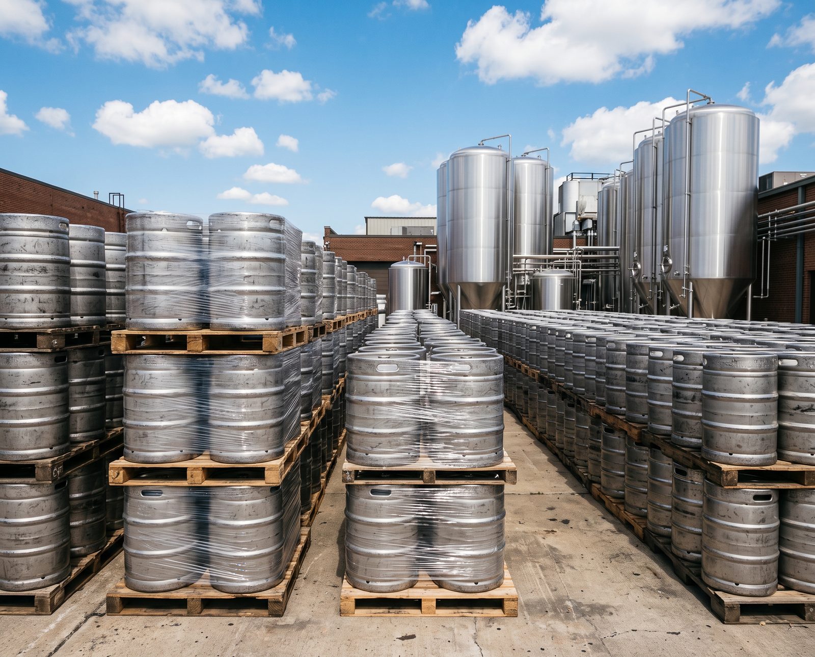 Stacks of idle stainless steel kegs on pallets in a brewery yard